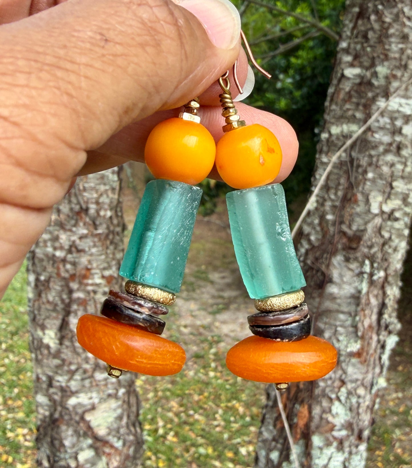 Costal and Beachy Boho Earrings • Moroccan Horn and Yellow Amber Resin • Roman Glass •