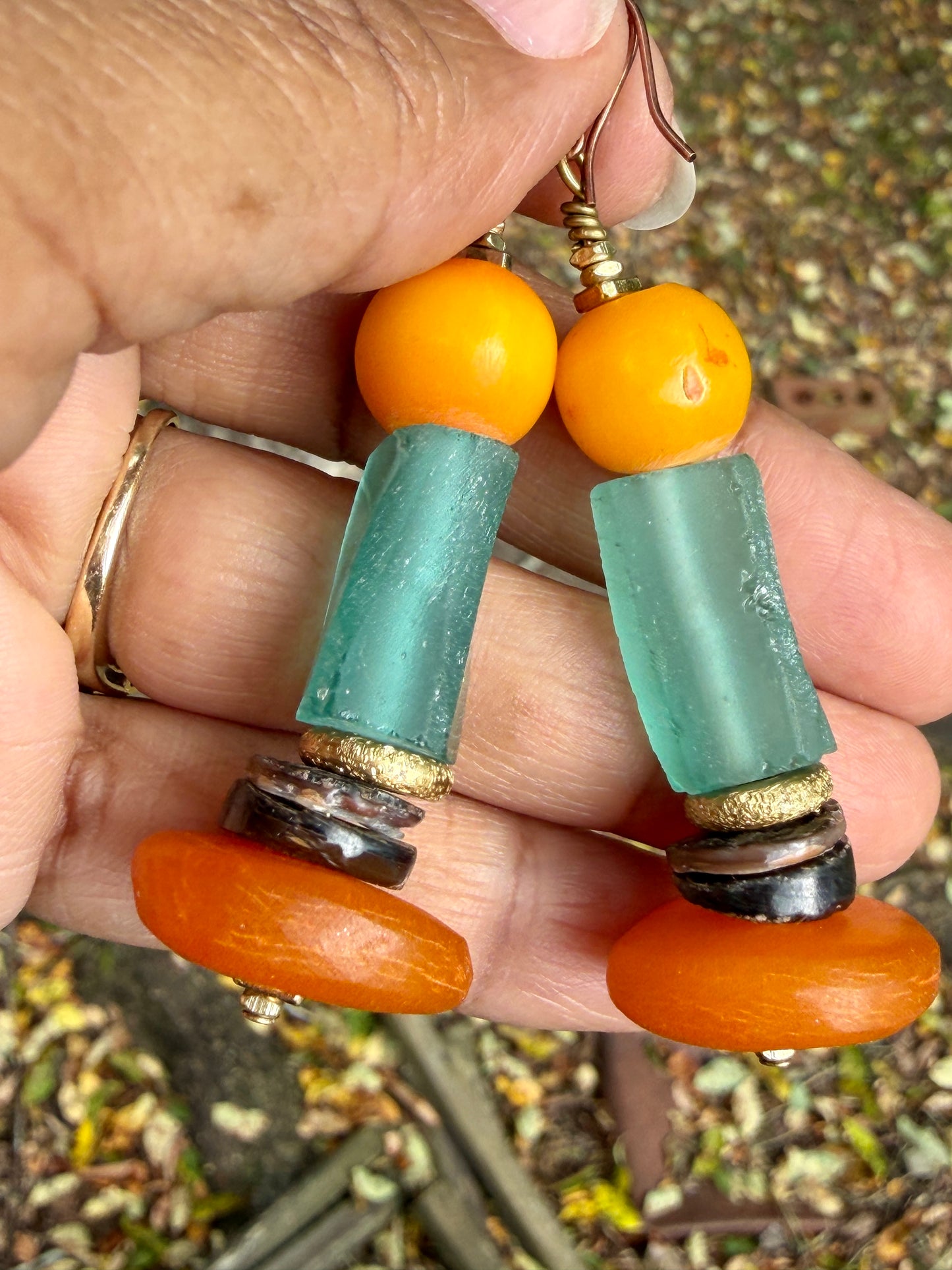 Costal and Beachy Boho Earrings • Moroccan Horn and Yellow Amber Resin • Roman Glass •