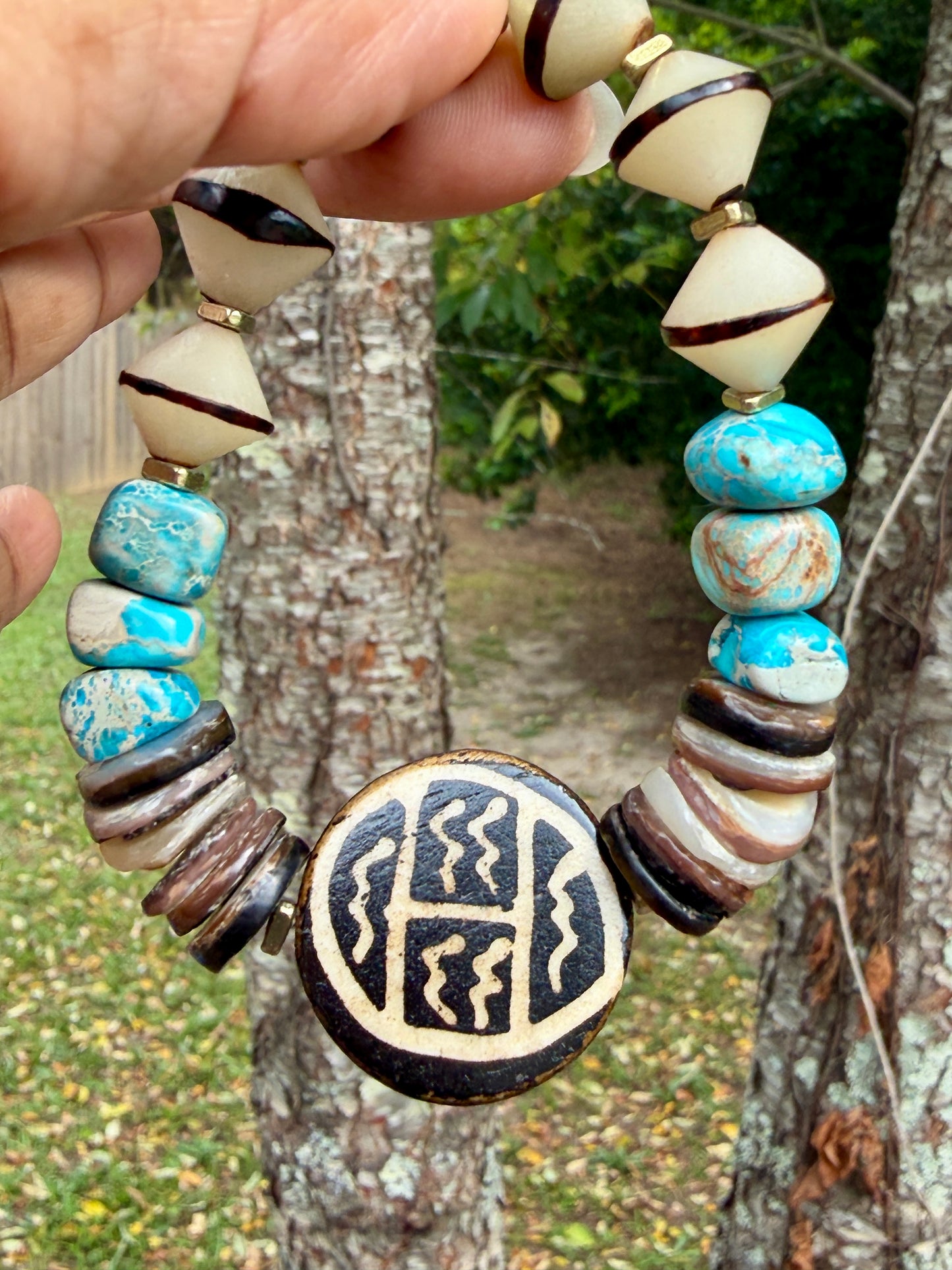 Earthy Shell, Bone & Aqua Jasper Bracelet with Brass Accents | Natural Boho Beaded Bracelet