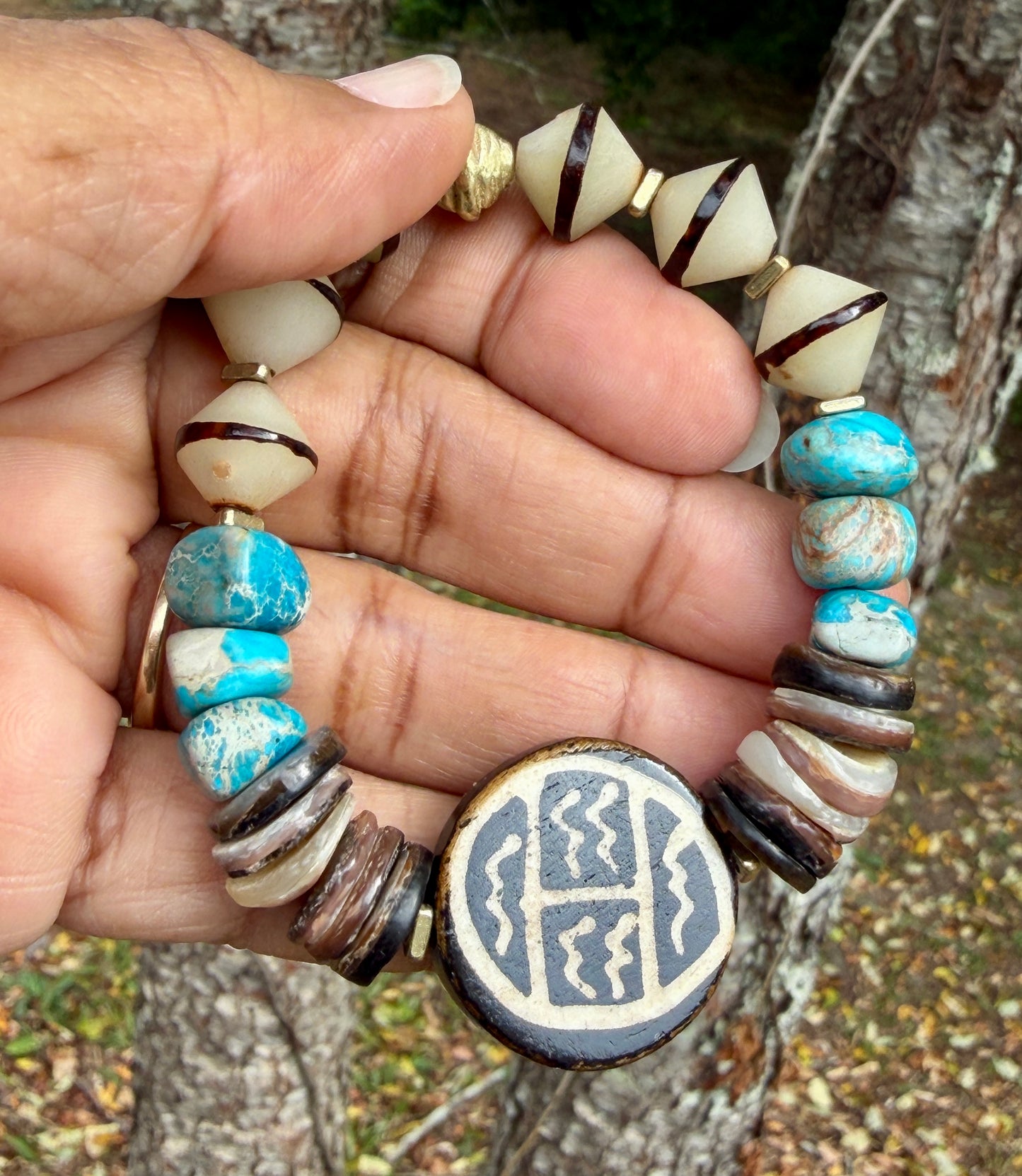 Earthy Shell, Bone & Aqua Jasper Bracelet with Brass Accents | Natural Boho Beaded Bracelet