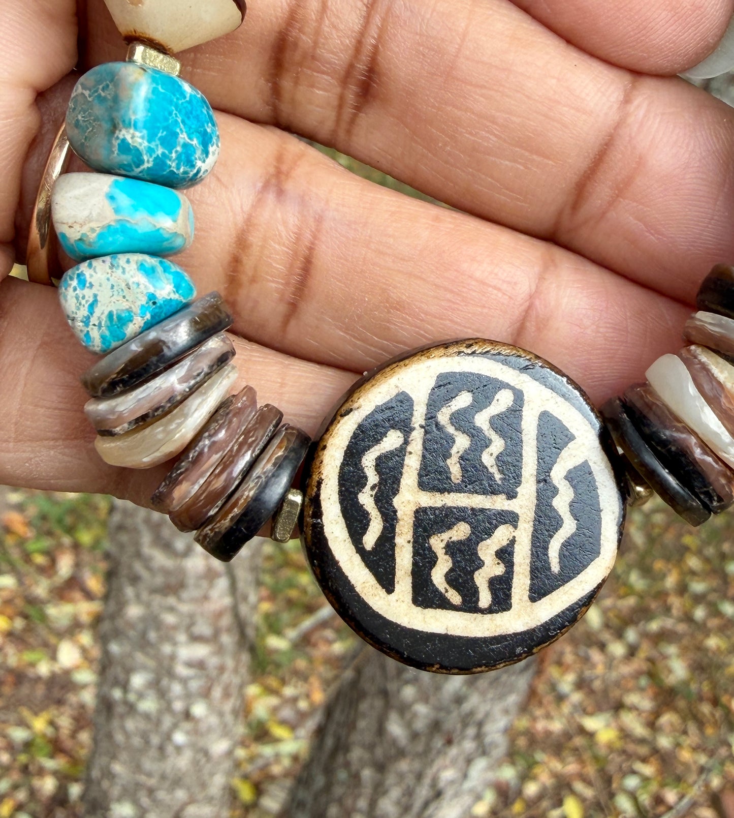 Earthy Shell, Bone & Aqua Jasper Bracelet with Brass Accents | Natural Boho Beaded Bracelet