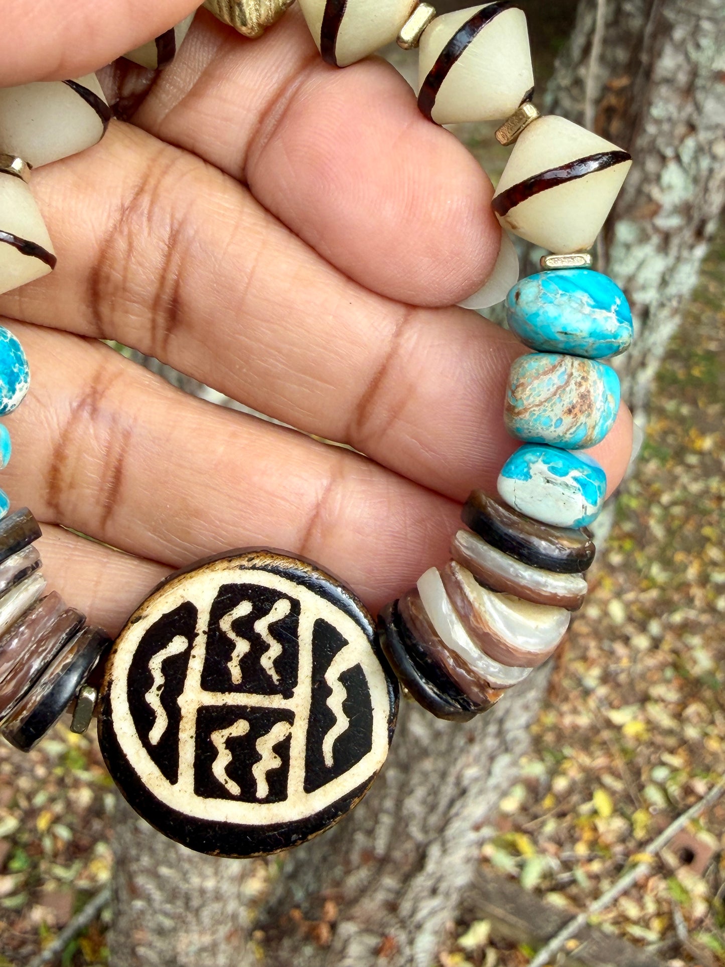 Earthy Shell, Bone & Aqua Jasper Bracelet with Brass Accents | Natural Boho Beaded Bracelet