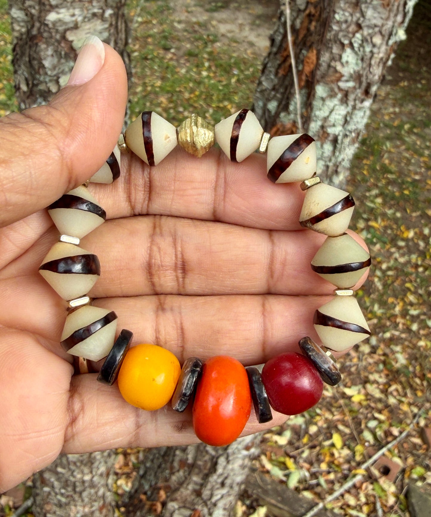 Earthy Global Bracelet| Mango Moroccan, Colorful Kenya Resin and Natural Bicone Seed Beads