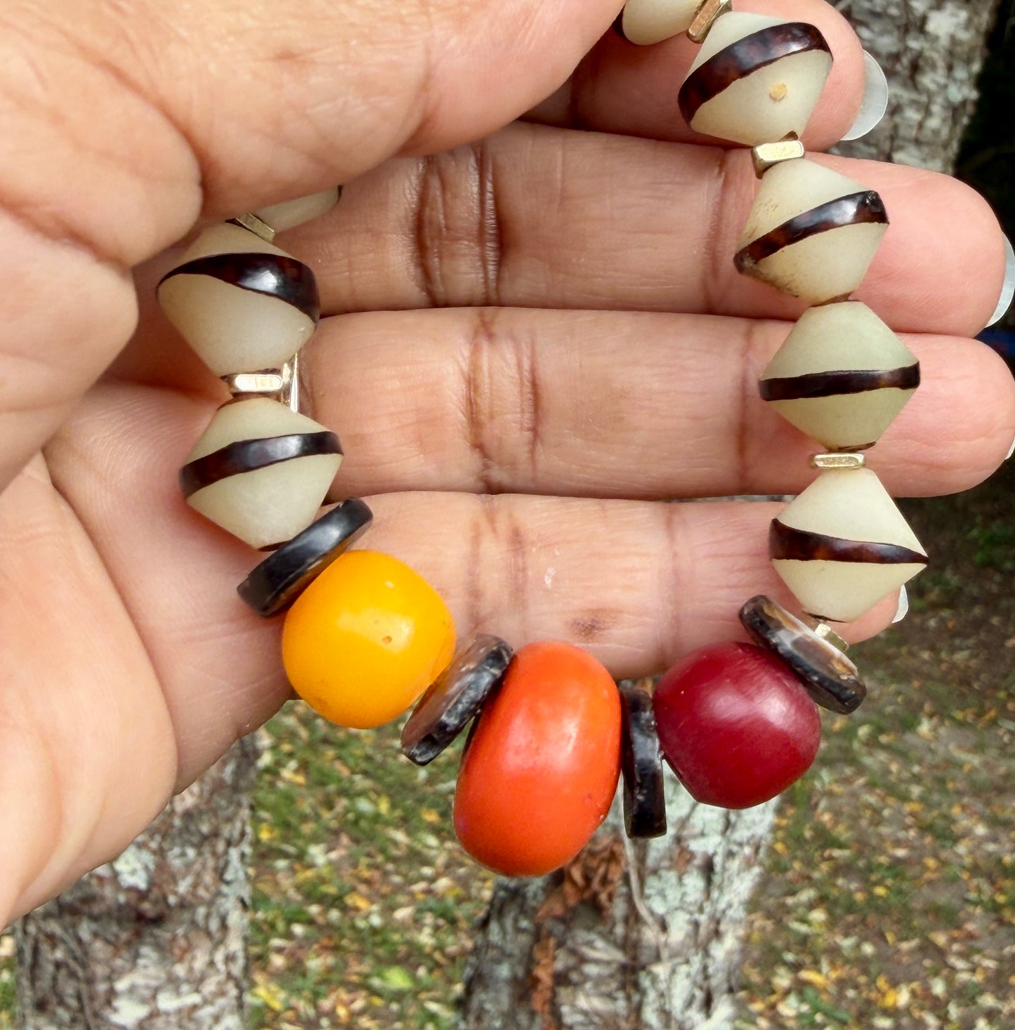 Earthy Global Bracelet| Mango Moroccan, Colorful Kenya Resin and Natural Bicone Seed Beads