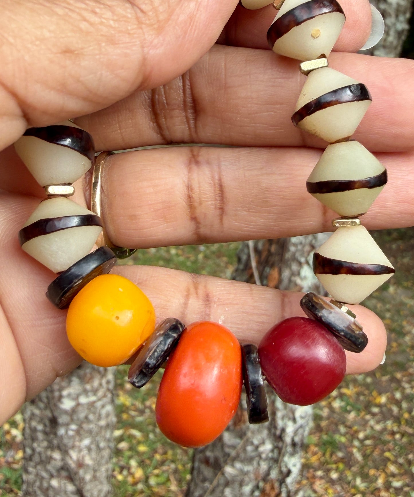 Earthy Global Bracelet| Mango Moroccan, Colorful Kenya Resin and Natural Bicone Seed Beads