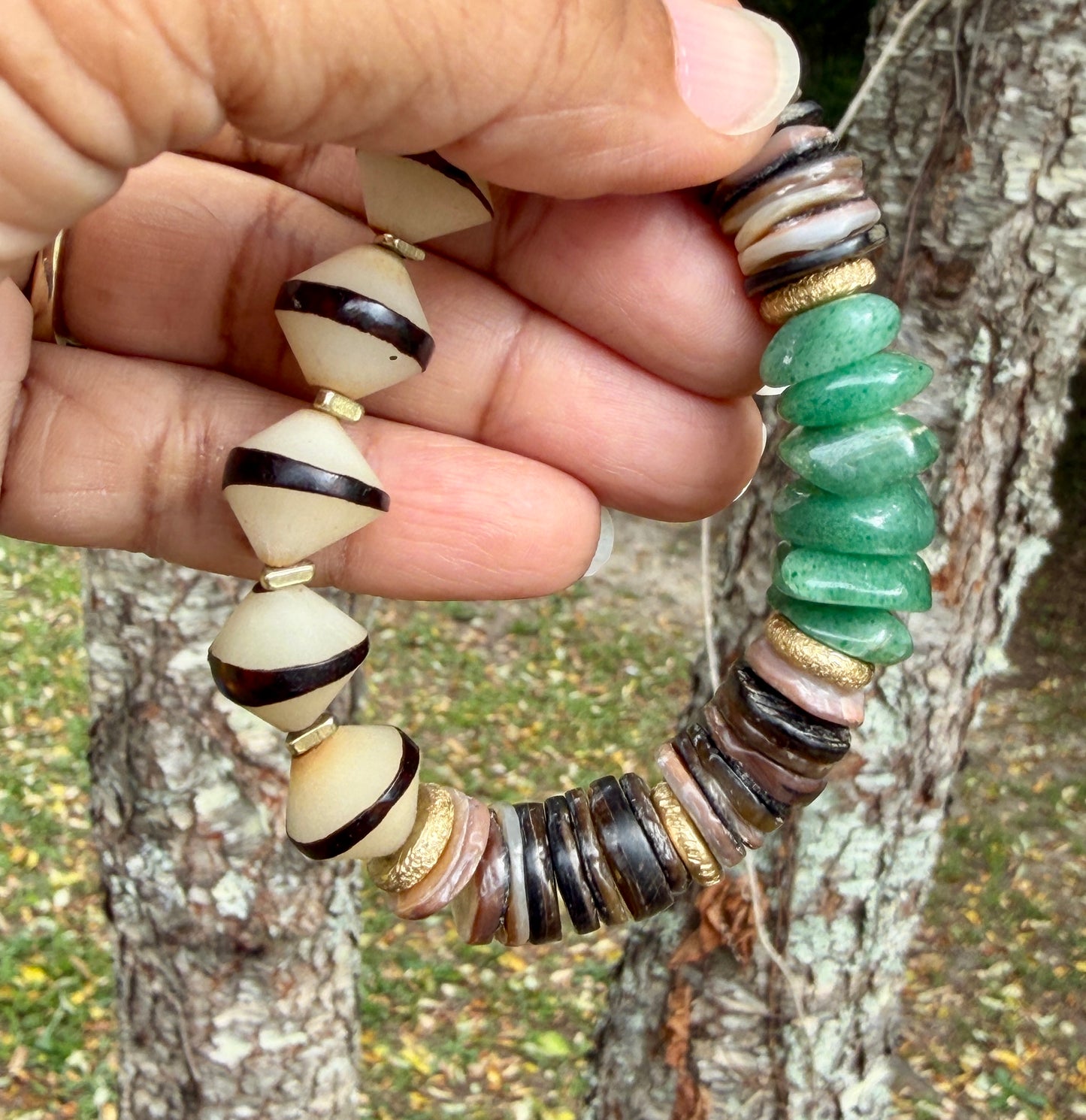Green Aventurine Bracelet • Natural Shell & Seed Beads • Brass Spacers • Boho Style