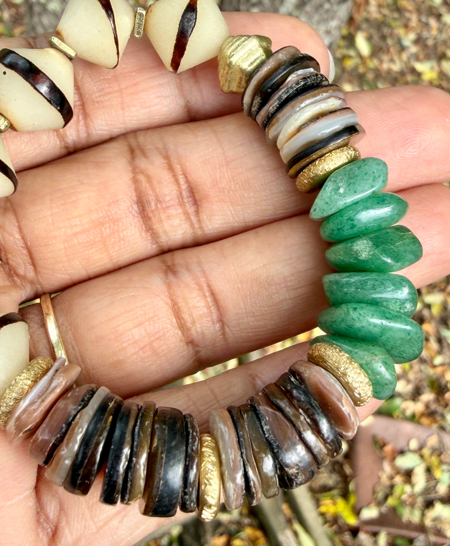 Green Aventurine Bracelet • Natural Shell & Seed Beads • Brass Spacers • Boho Style