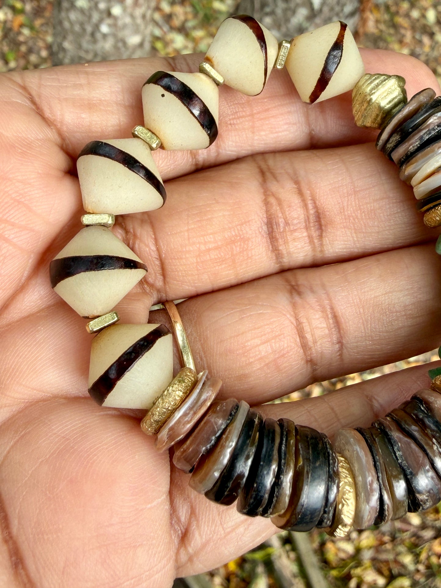 Green Aventurine Bracelet • Natural Shell & Seed Beads • Brass Spacers • Boho Style