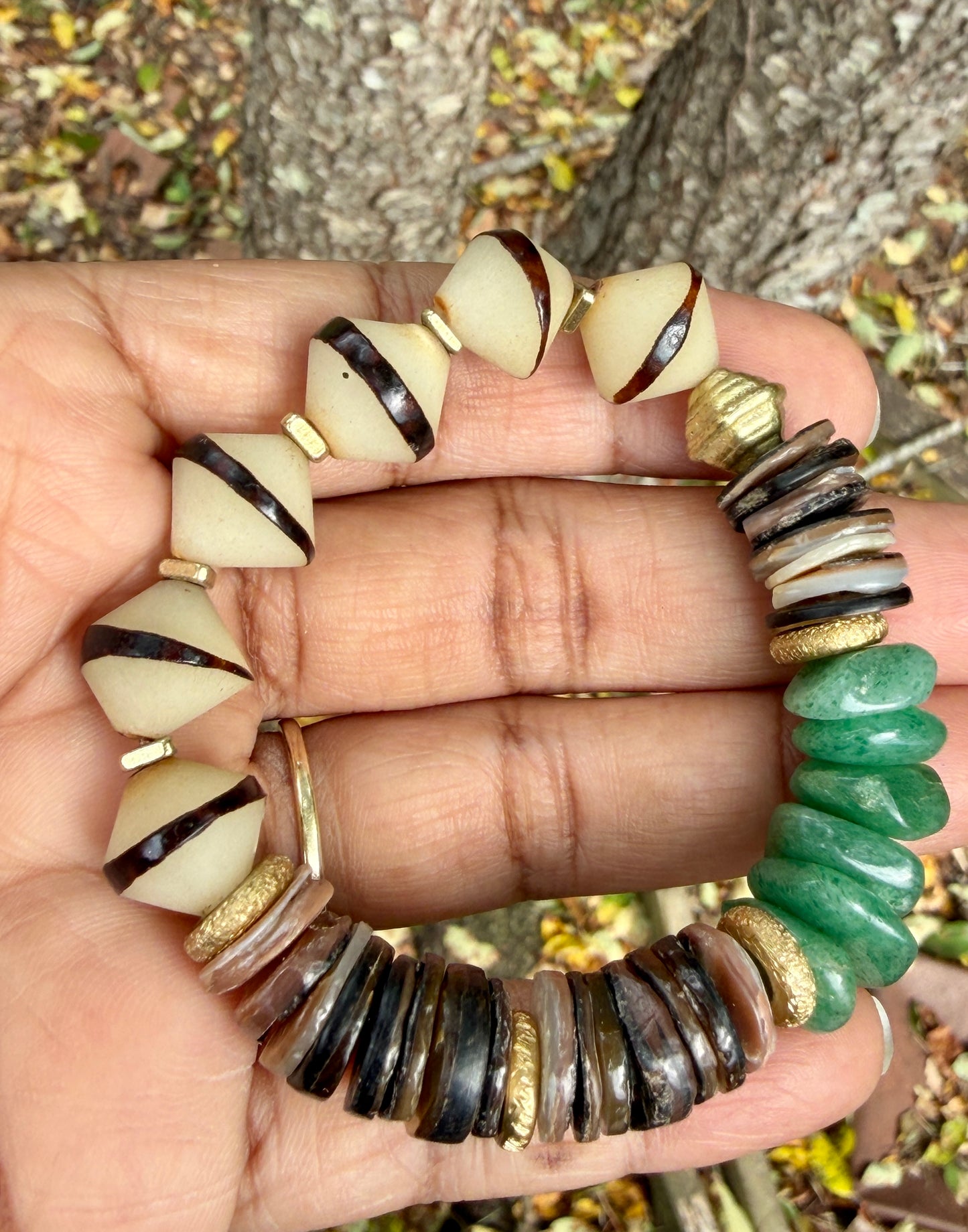 Green Aventurine Bracelet • Natural Shell & Seed Beads • Brass Spacers • Boho Style