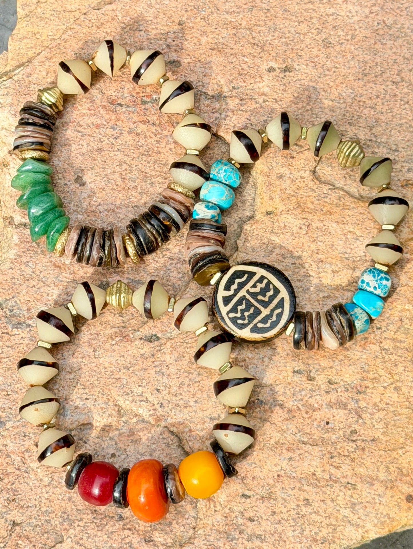 Earthy Shell, Bone & Aqua Jasper Bracelet with Brass Accents | Natural Boho Beaded Bracelet