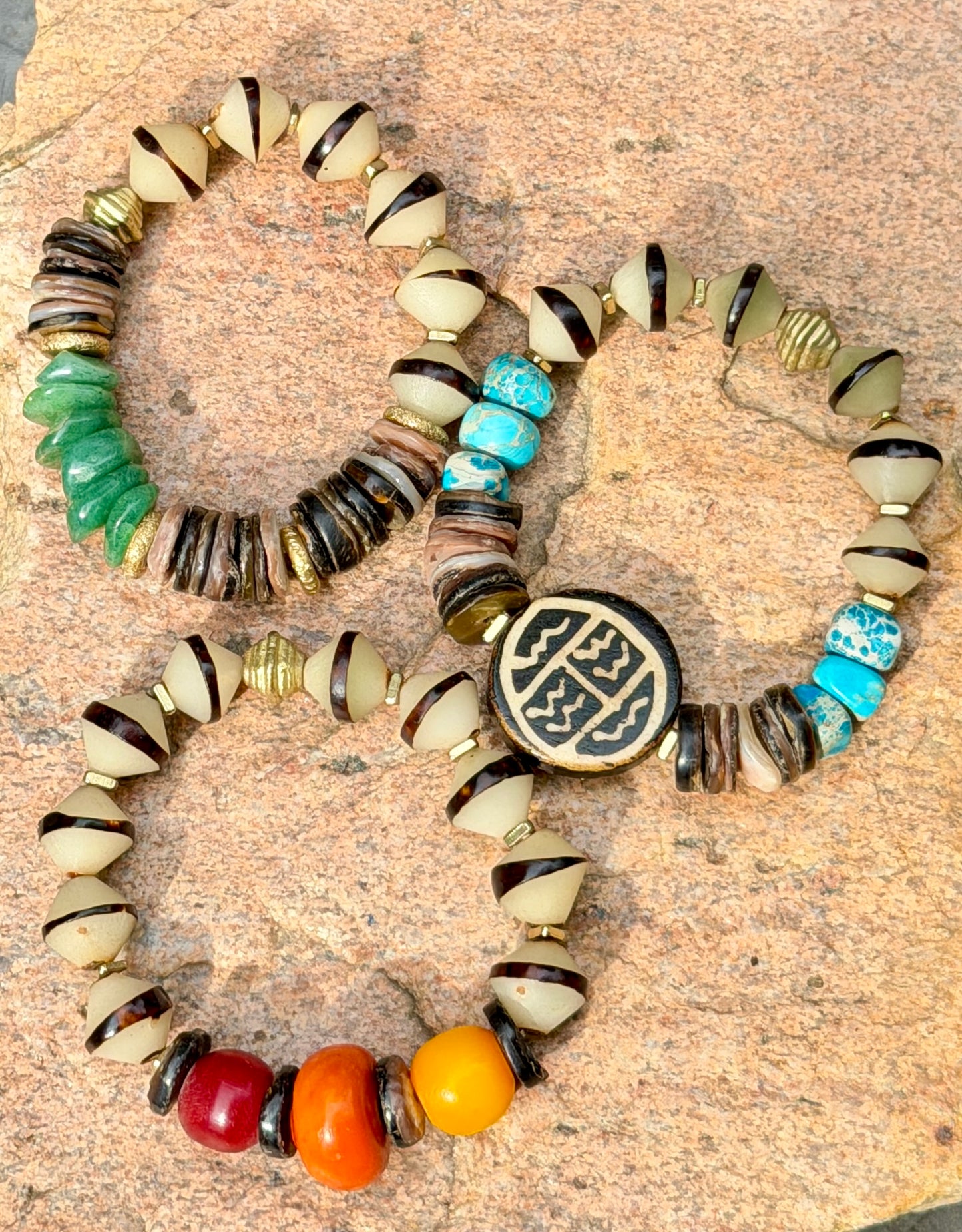 Green Aventurine Bracelet • Natural Shell & Seed Beads • Brass Spacers • Boho Style