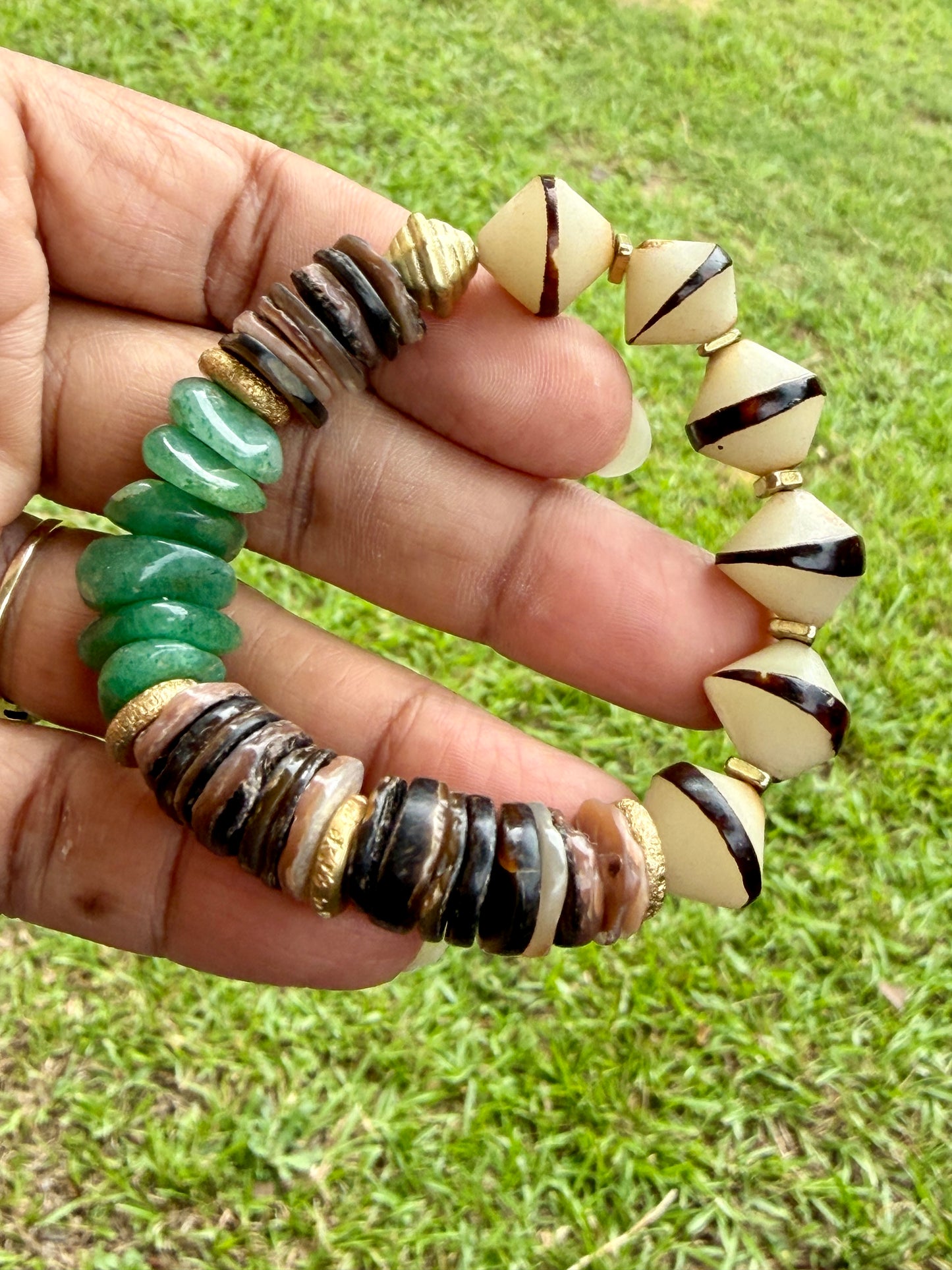 Green Aventurine Bracelet • Natural Shell & Seed Beads • Brass Spacers • Boho Style