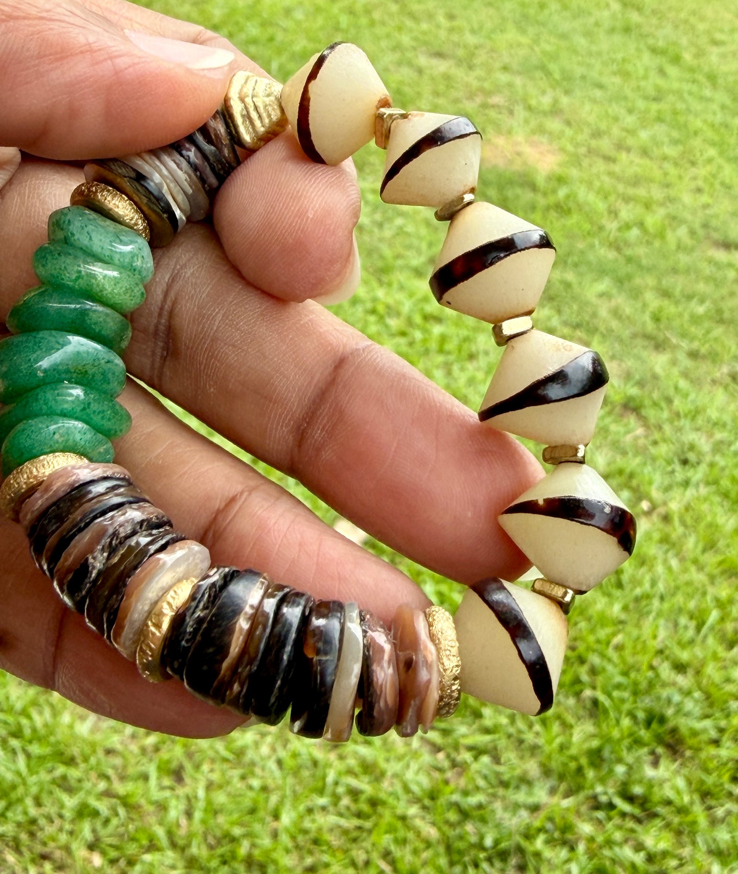 Green Aventurine Bracelet • Natural Shell & Seed Beads • Brass Spacers • Boho Style