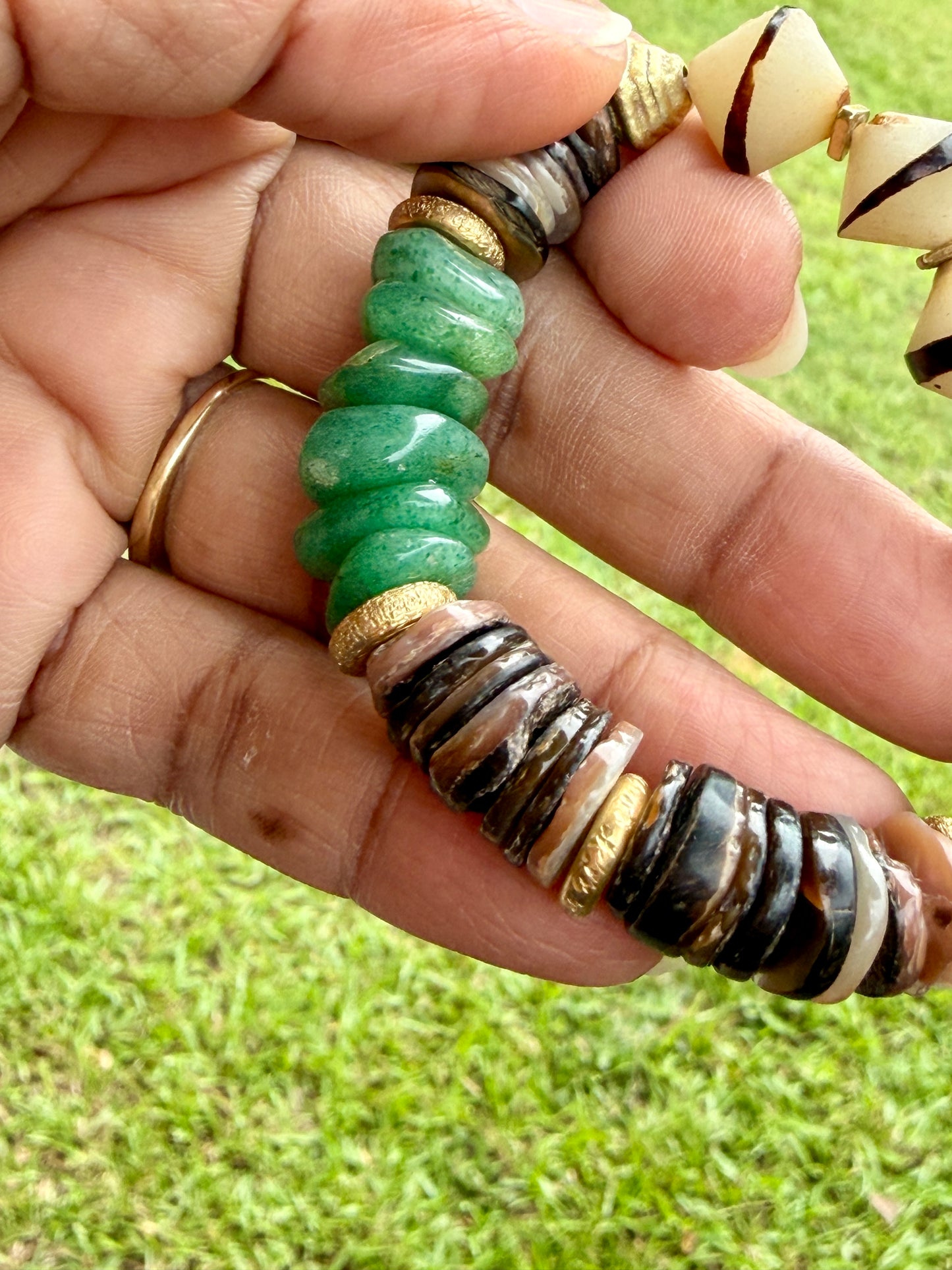Green Aventurine Bracelet • Natural Shell & Seed Beads • Brass Spacers • Boho Style