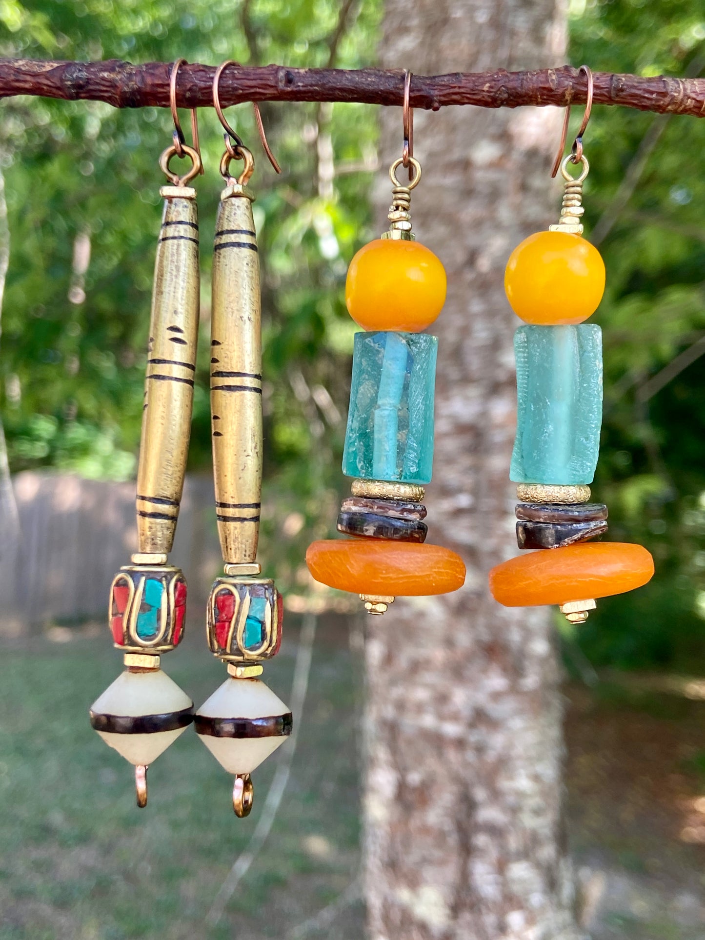 Costal and Beachy Boho Earrings • Moroccan Horn and Yellow Amber Resin • Roman Glass •
