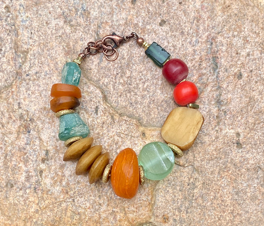 Boho Tribal Bracelet – Moroccan Horn, Roman Glass & Colorful Resin Beads