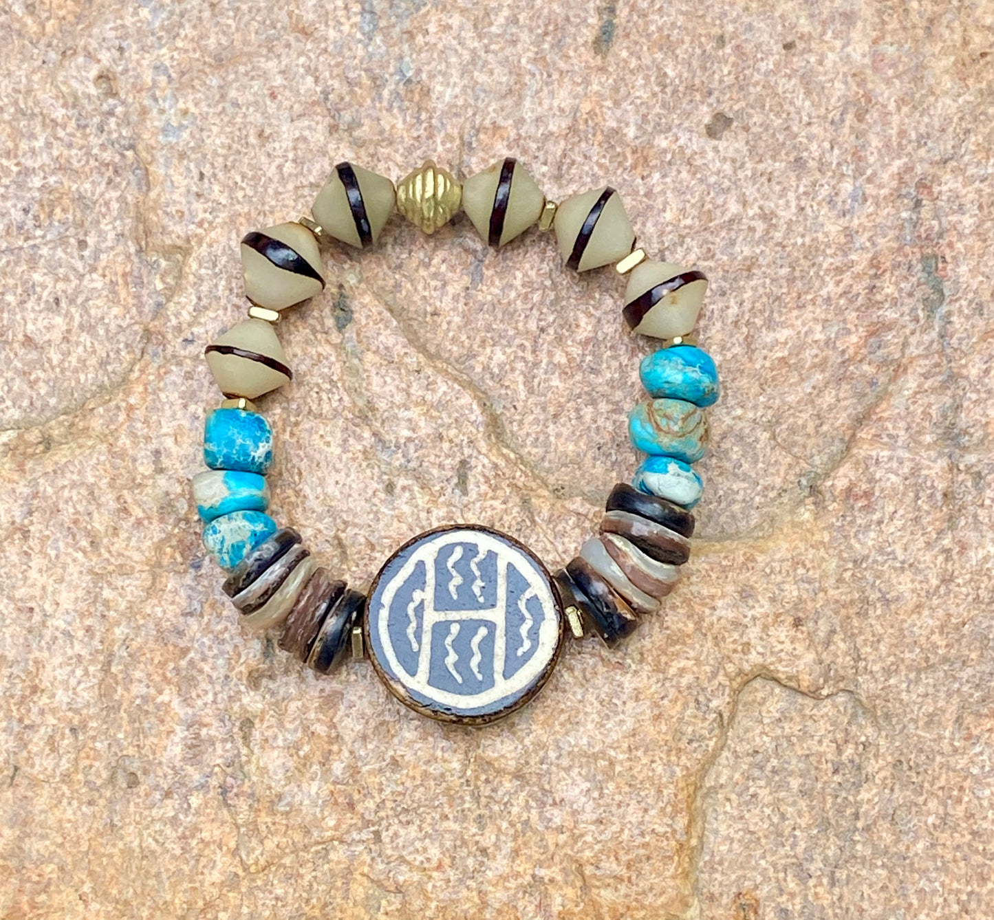 Earthy Shell, Bone & Aqua Jasper Bracelet with Brass Accents | Natural Boho Beaded Bracelet