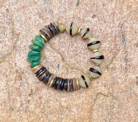 Green Aventurine Bracelet • Natural Shell & Seed Beads • Brass Spacers • Boho Style