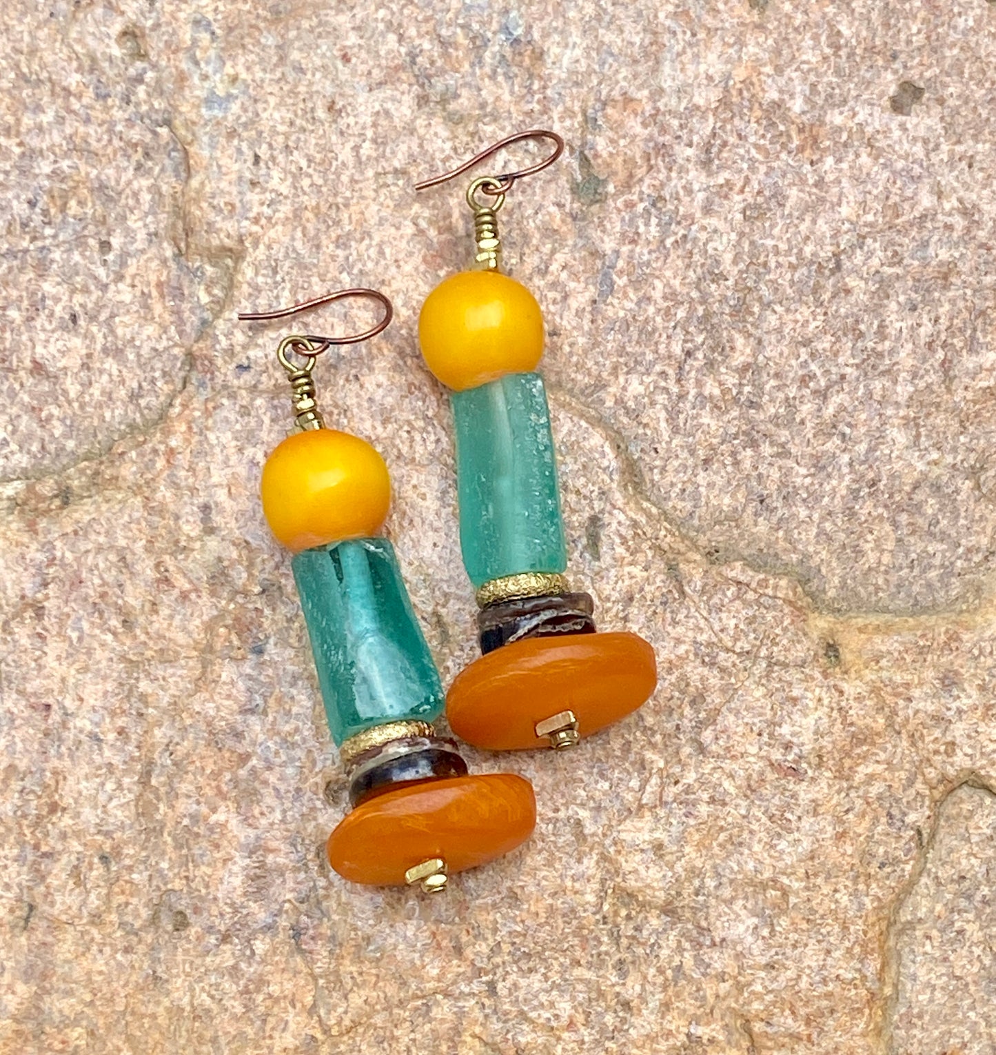 Costal and Beachy Boho Earrings • Moroccan Horn and Yellow Amber Resin • Roman Glass •
