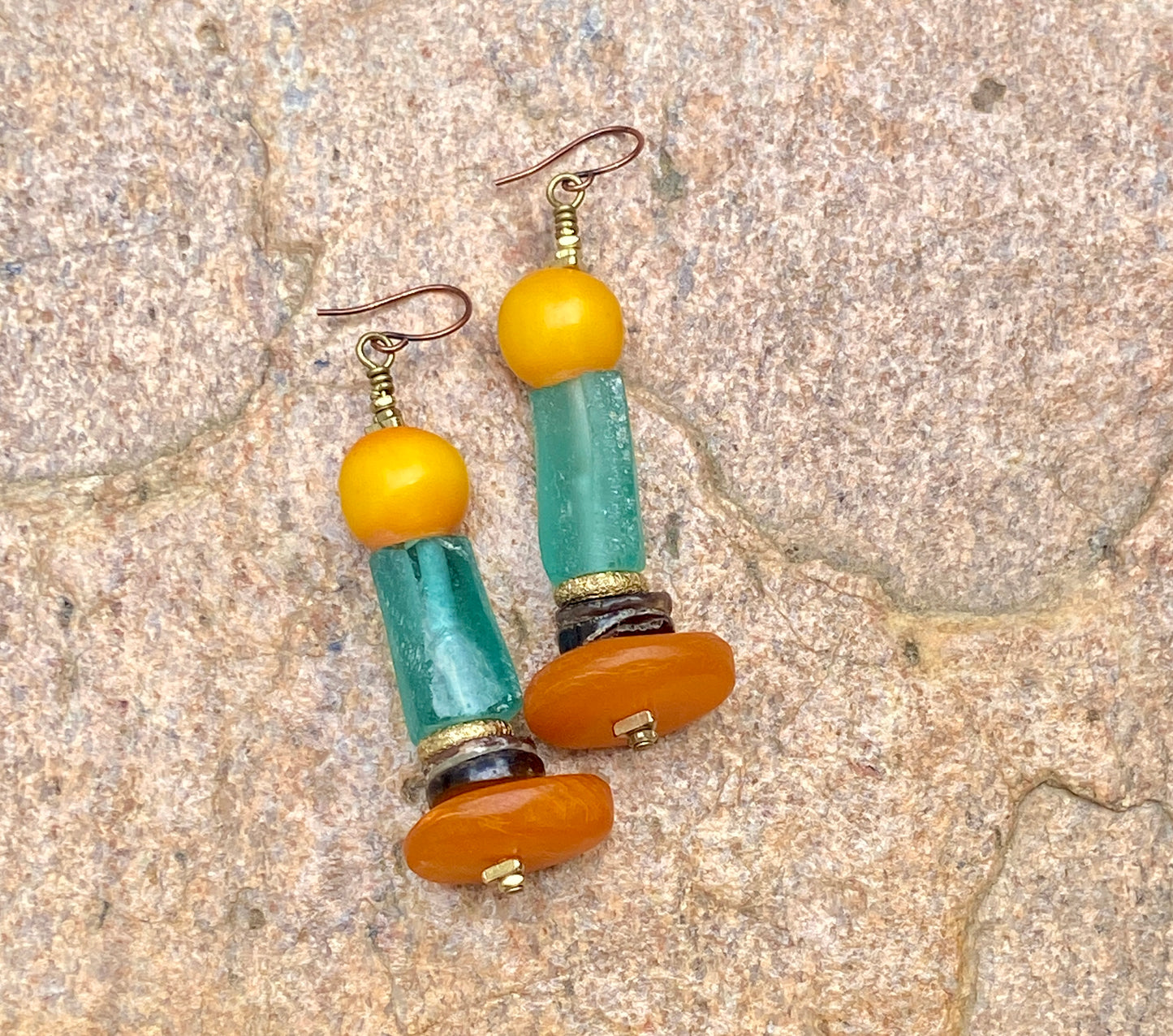 Costal and Beachy Boho Earrings • Moroccan Horn and Yellow Amber Resin • Roman Glass •
