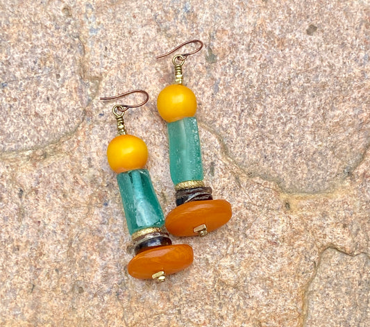 Costal and Beachy Boho Earrings • Moroccan Horn and Yellow Amber Resin • Roman Glass •