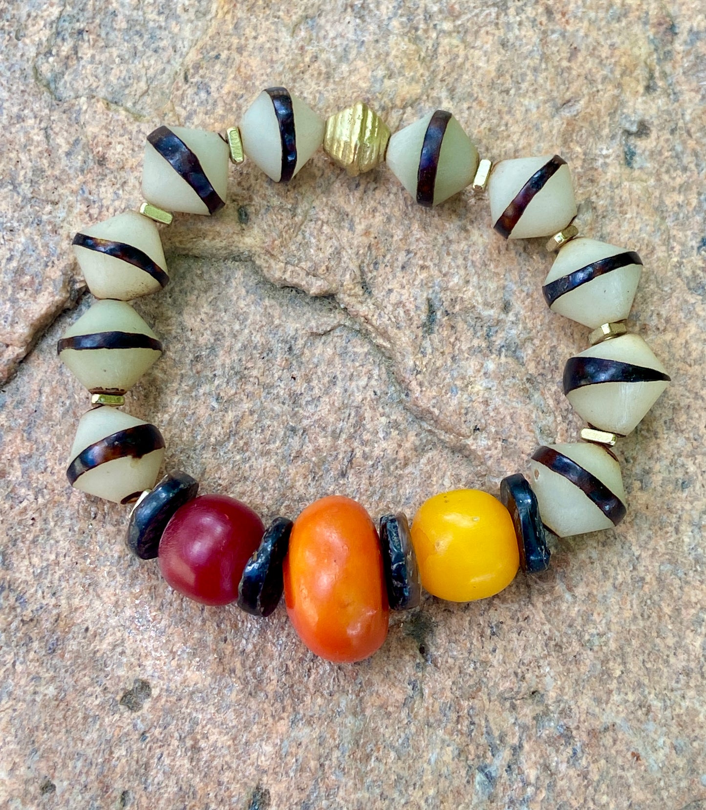 Earthy Global Bracelet| Mango Moroccan, Colorful Kenya Resin and Natural Bicone Seed Beads