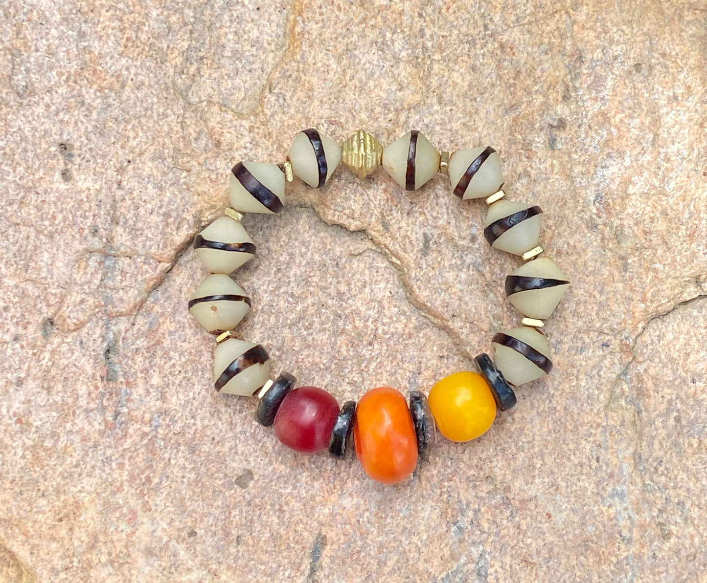 Earthy Global Bracelet| Mango Moroccan, Colorful Kenya Resin and Natural Bicone Seed Beads