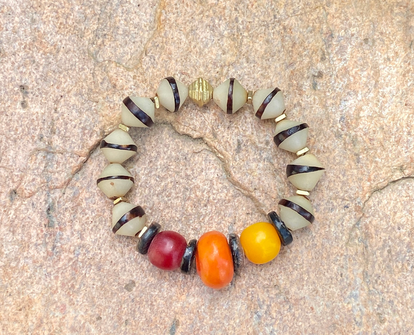 Earthy Global Bracelet| Mango Moroccan, Colorful Kenya Resin and Natural Bicone Seed Beads