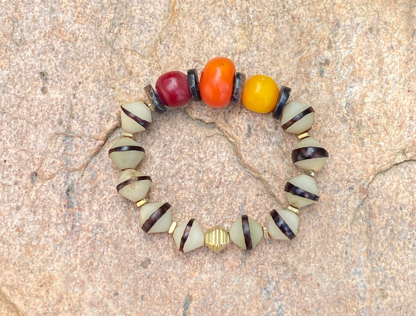 Earthy Global Bracelet| Mango Moroccan, Colorful Kenya Resin and Natural Bicone Seed Beads