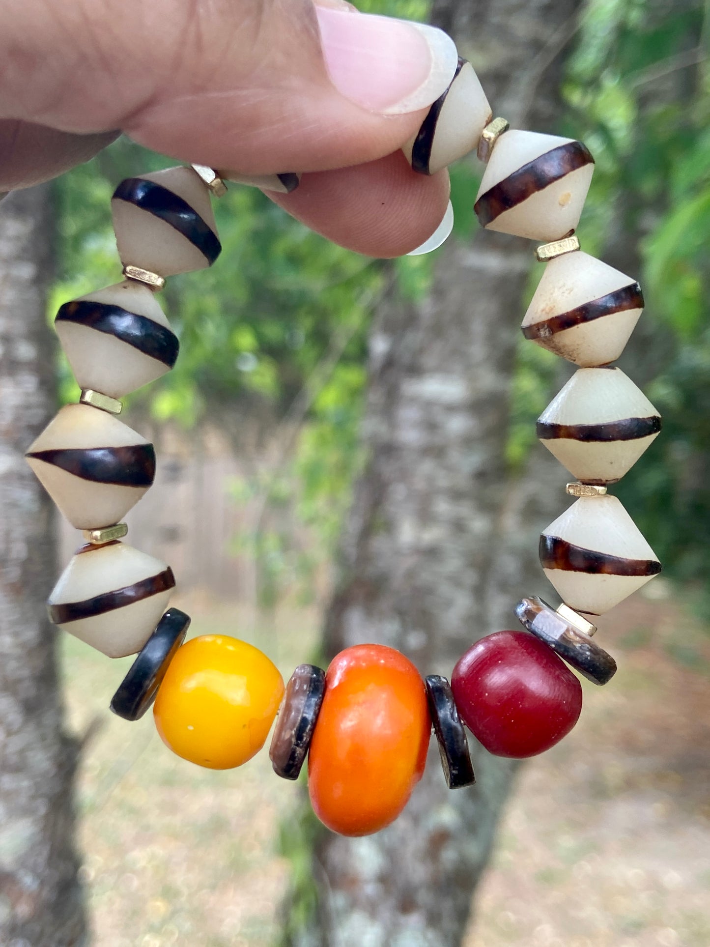 Earthy Global Bracelet| Mango Moroccan, Colorful Kenya Resin and Natural Bicone Seed Beads