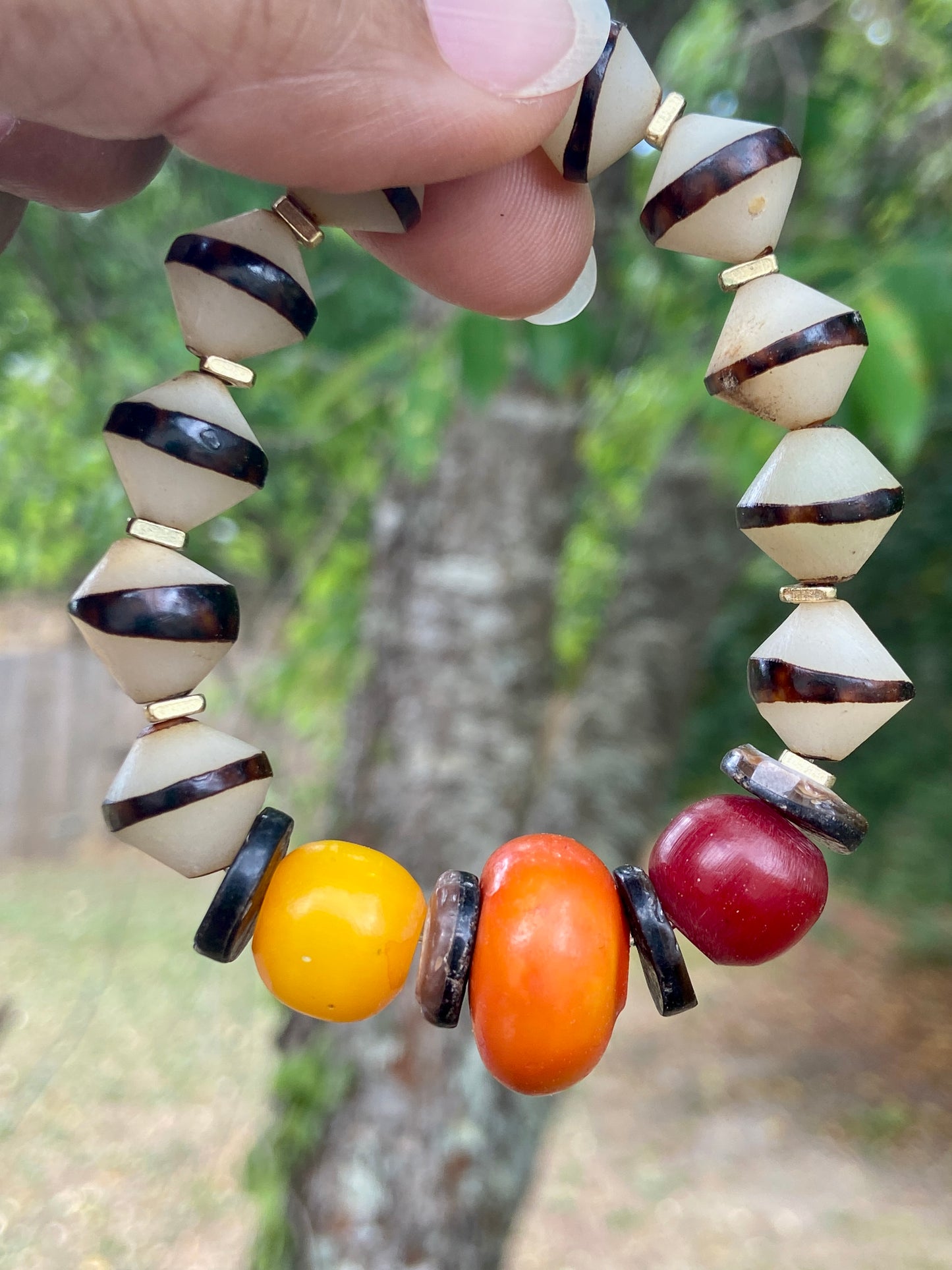 Earthy Global Bracelet| Mango Moroccan, Colorful Kenya Resin and Natural Bicone Seed Beads