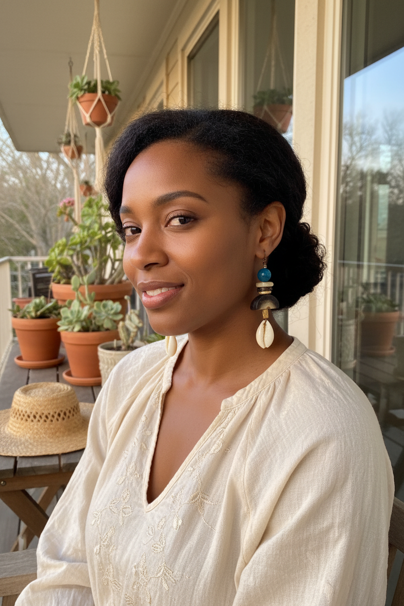 African American model wearing blue agate and cowrie shell earrings