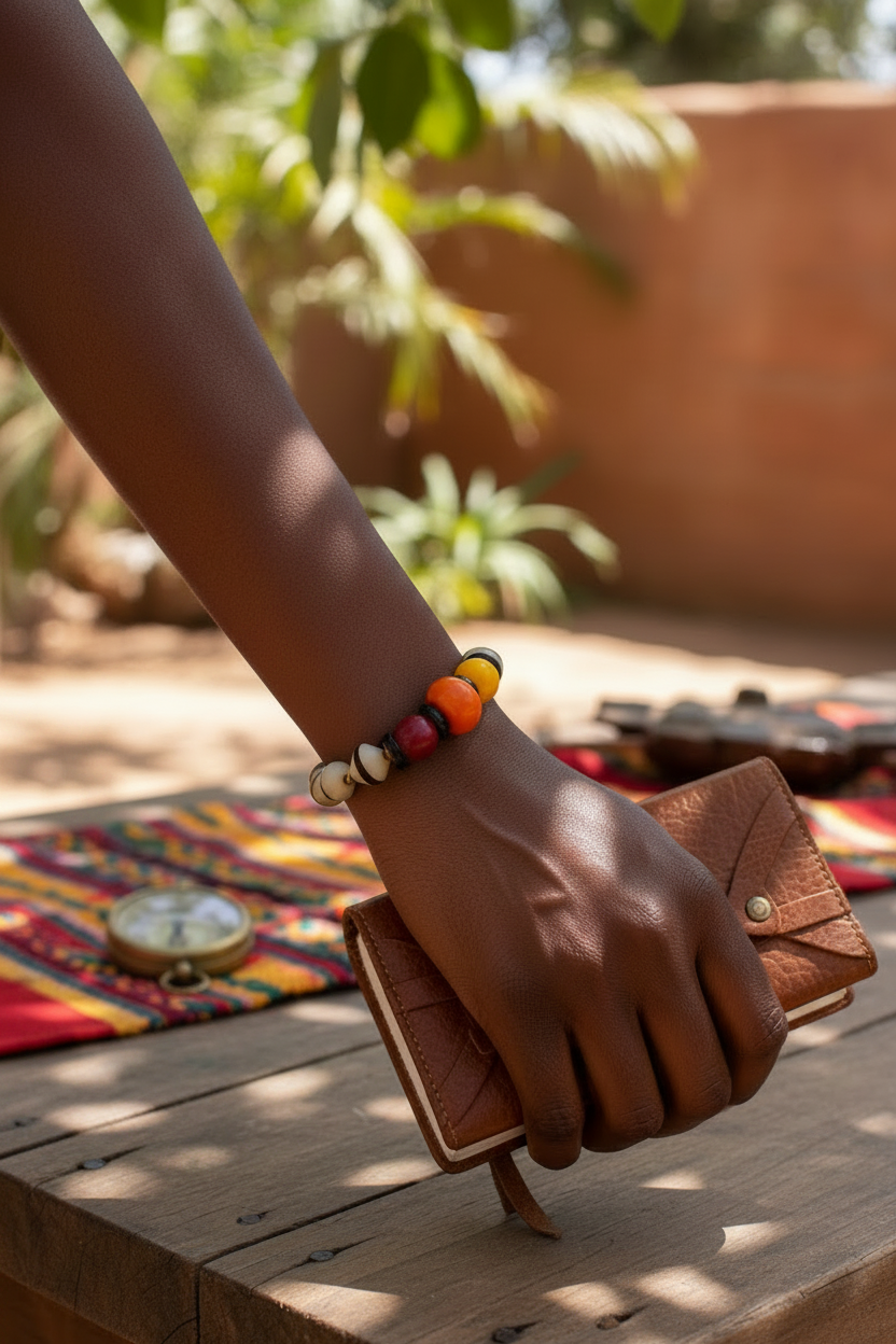 African American model wearing Earthy Global Boho Bracelet, no bangles