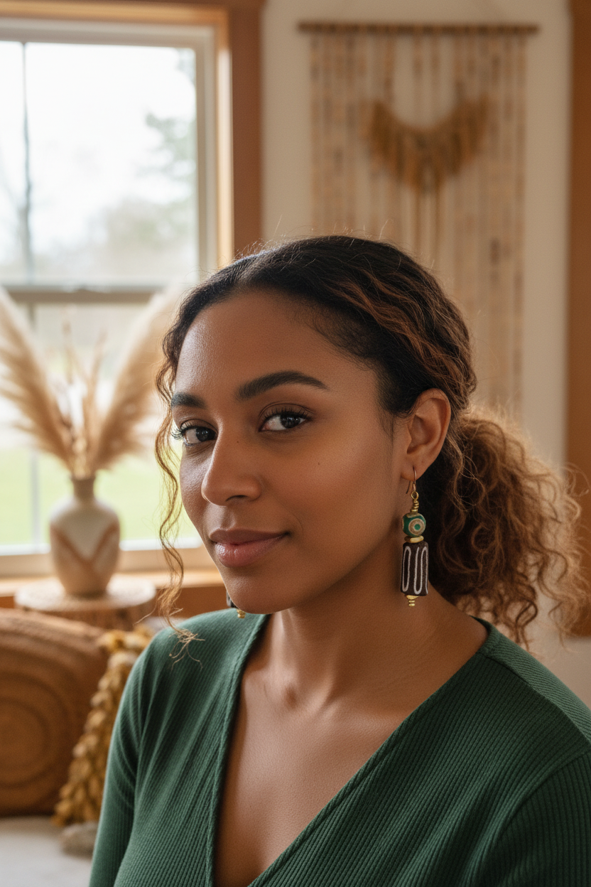 African American model wearing Ghana bead earrings