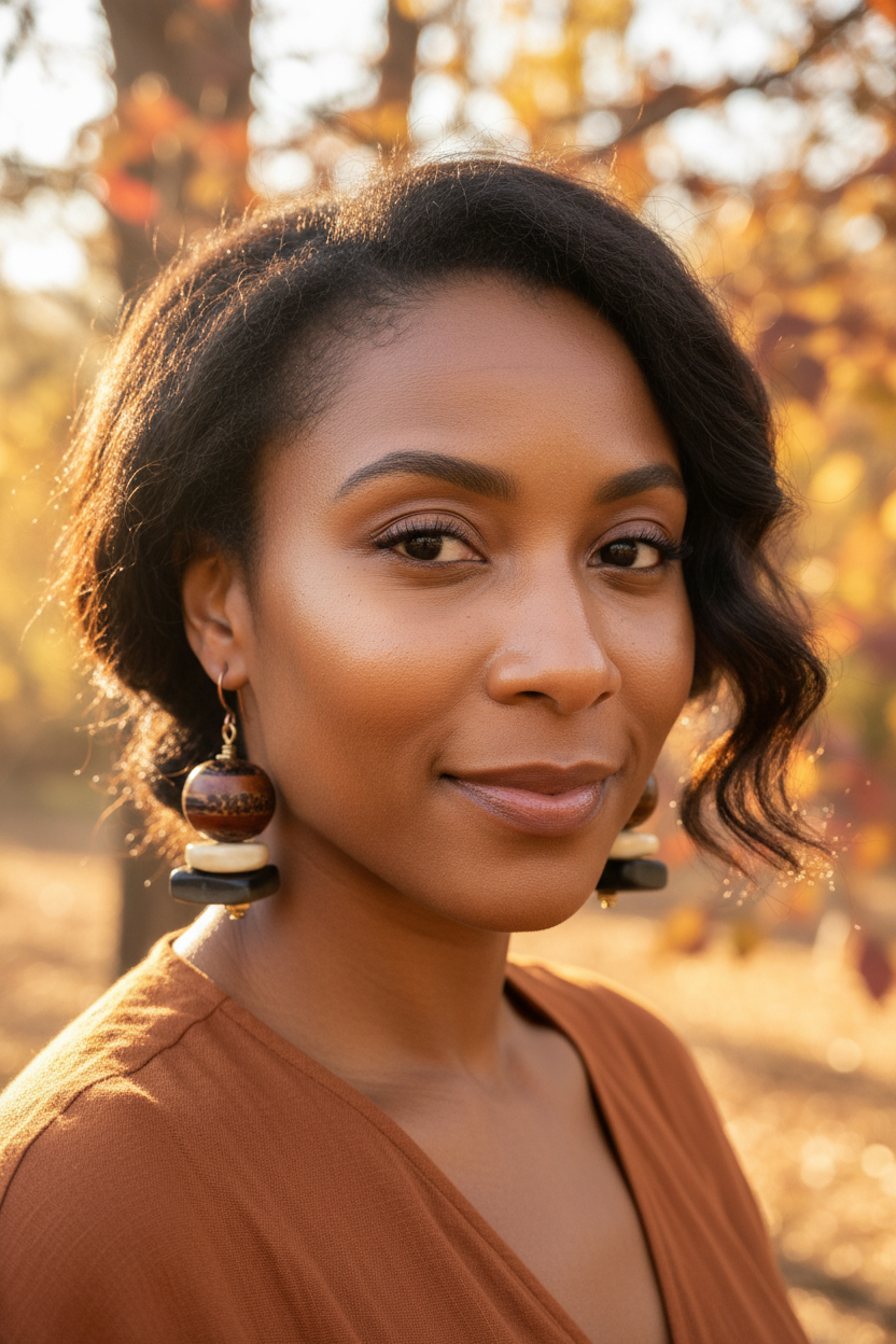 African American model wearing Horn Wood and Shell Earrings