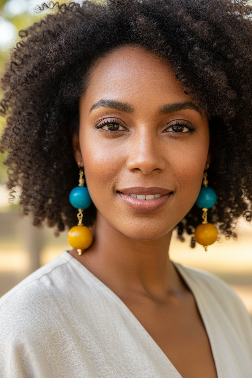 African American model wearing Moroccan Recycled Cassette Bead Earrings