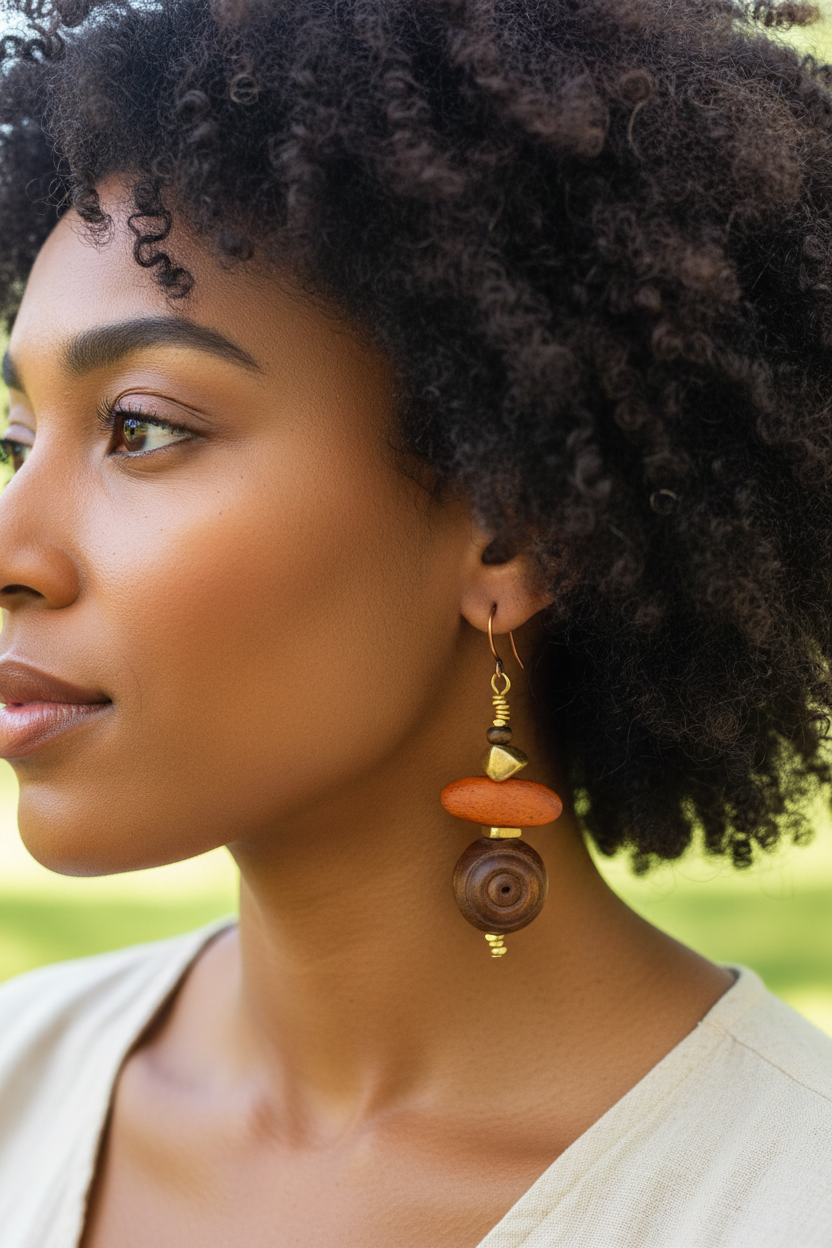 African American model wearing Nangka Wood Slice Earrings