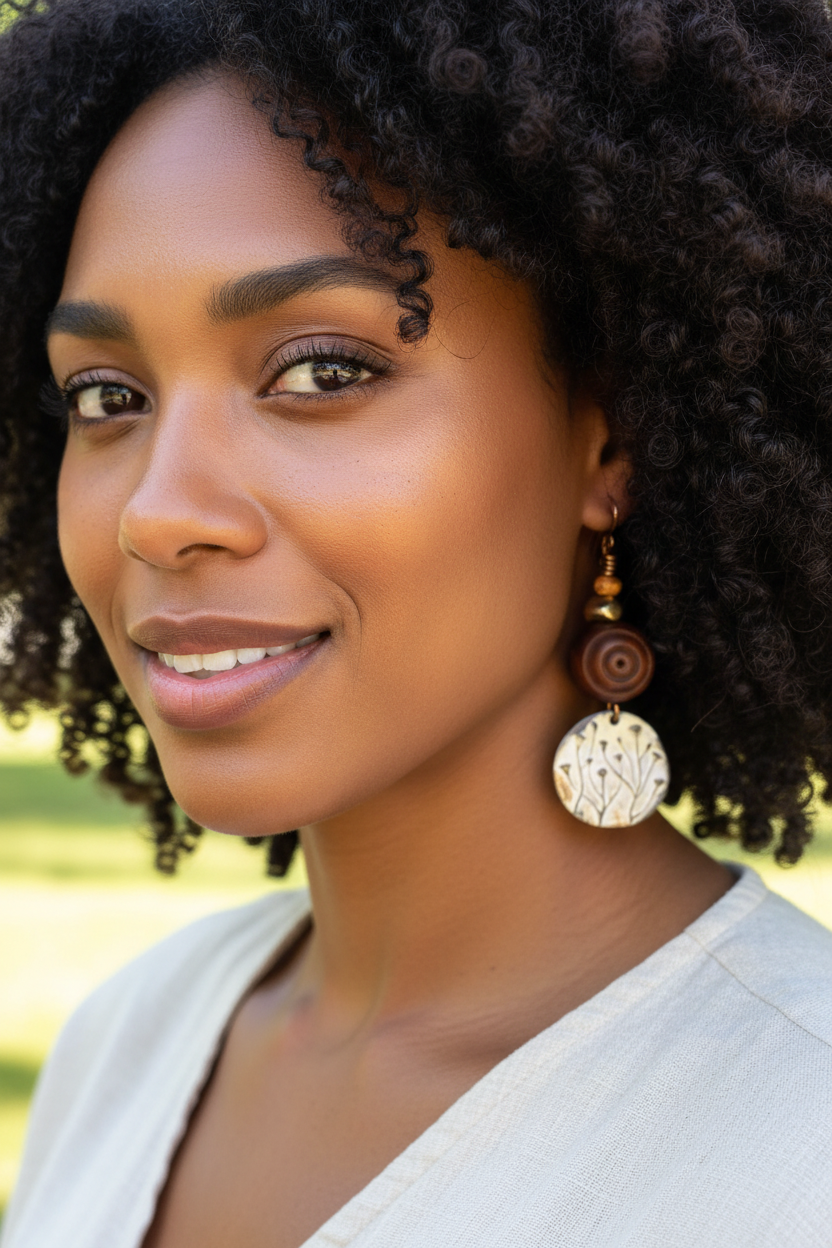 African American model wearing OOAK Charm Earrings