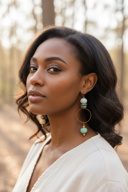 African American model wearing Turquoise and White Ceramic Bohemian Earrings