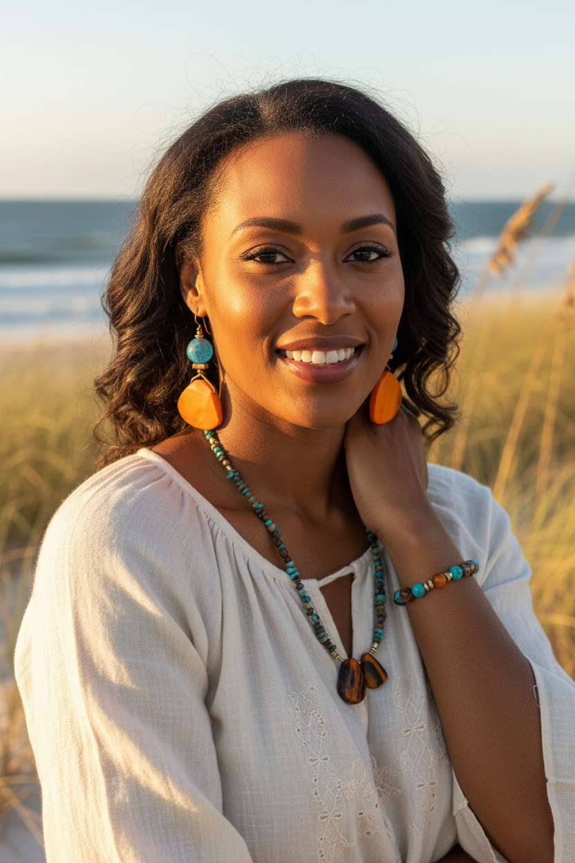 African American Woman Wearing Gemstone Collection