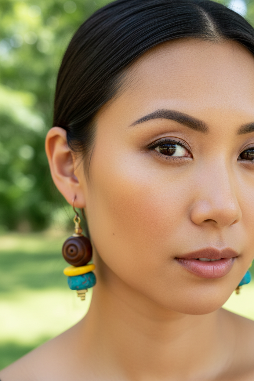 Asian model wearing Stoneware Clay Bead Earrings