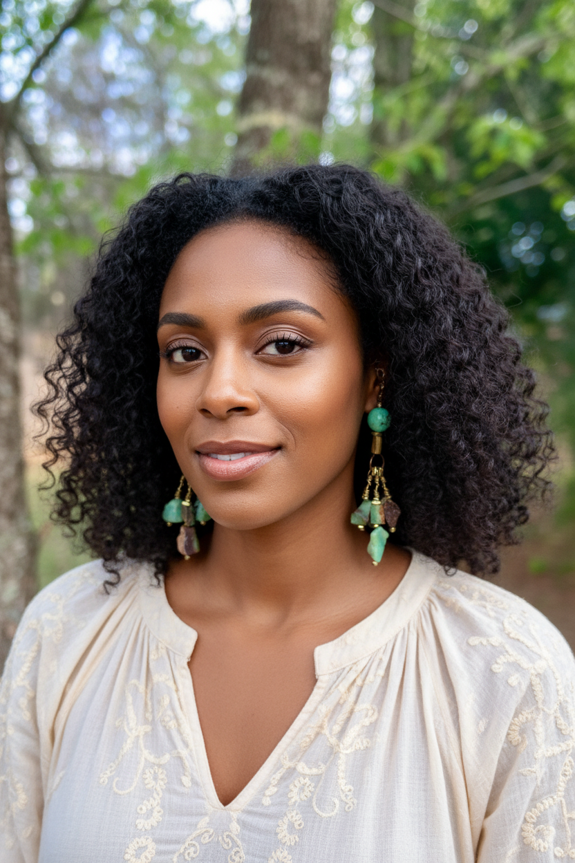 Chrysoprase Dangle Earrings on African American Woman