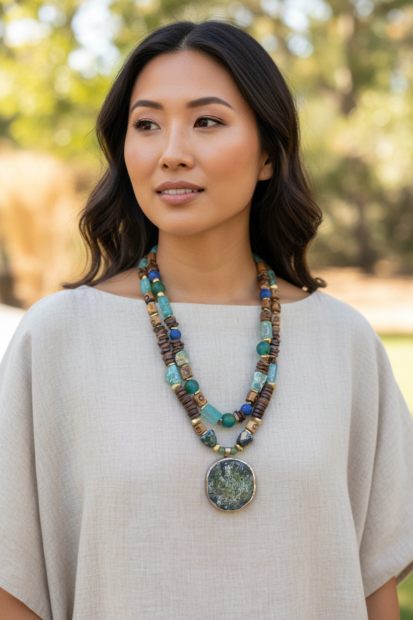 Earthy Roman Glass Necklace - Asian Model