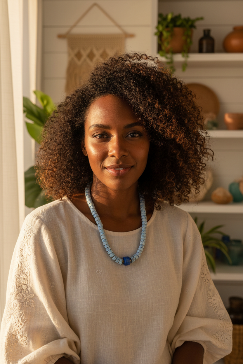 Front-facing model wearing blue mosaic necklace