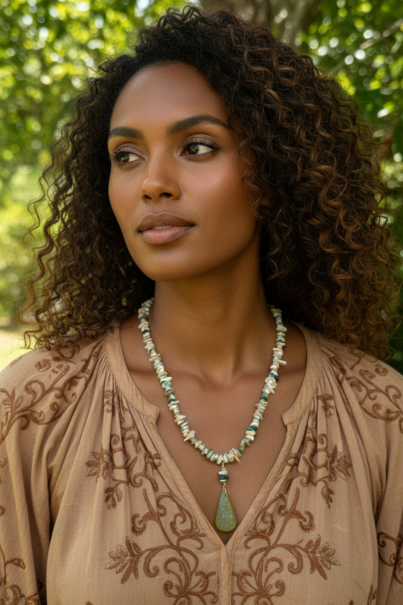 Green Tan Turbo Shell Necklace on African American Model