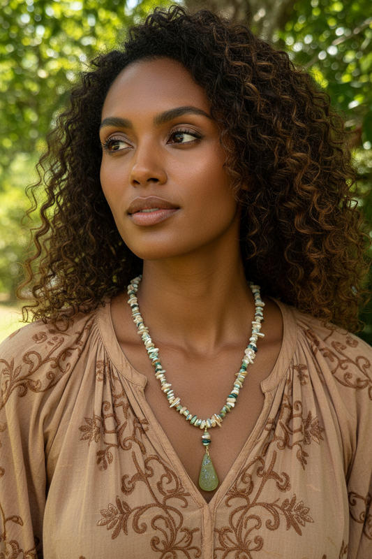 Green Tan Turbo Shell Necklace on African American Model