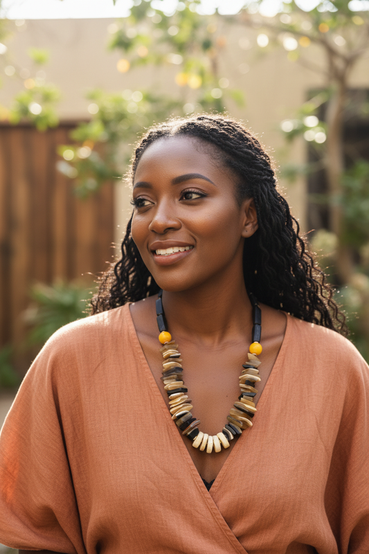 Handmade Horn & Naga Conch Shell Necklace - African American Model