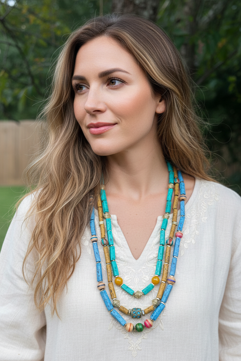 Handmade Turquoise Pottery Bead Necklaces Layered on Model