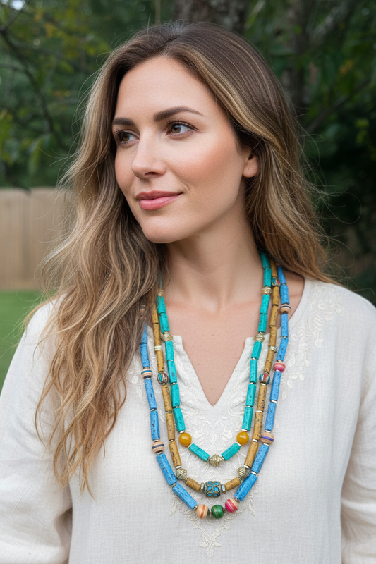 Handmade Turquoise Pottery Bead Necklaces Layered on Model