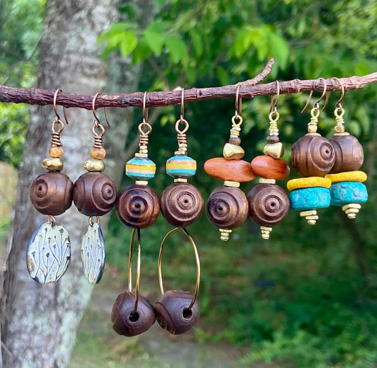 Bohemian Vintage Carved Olive Wood Earrings